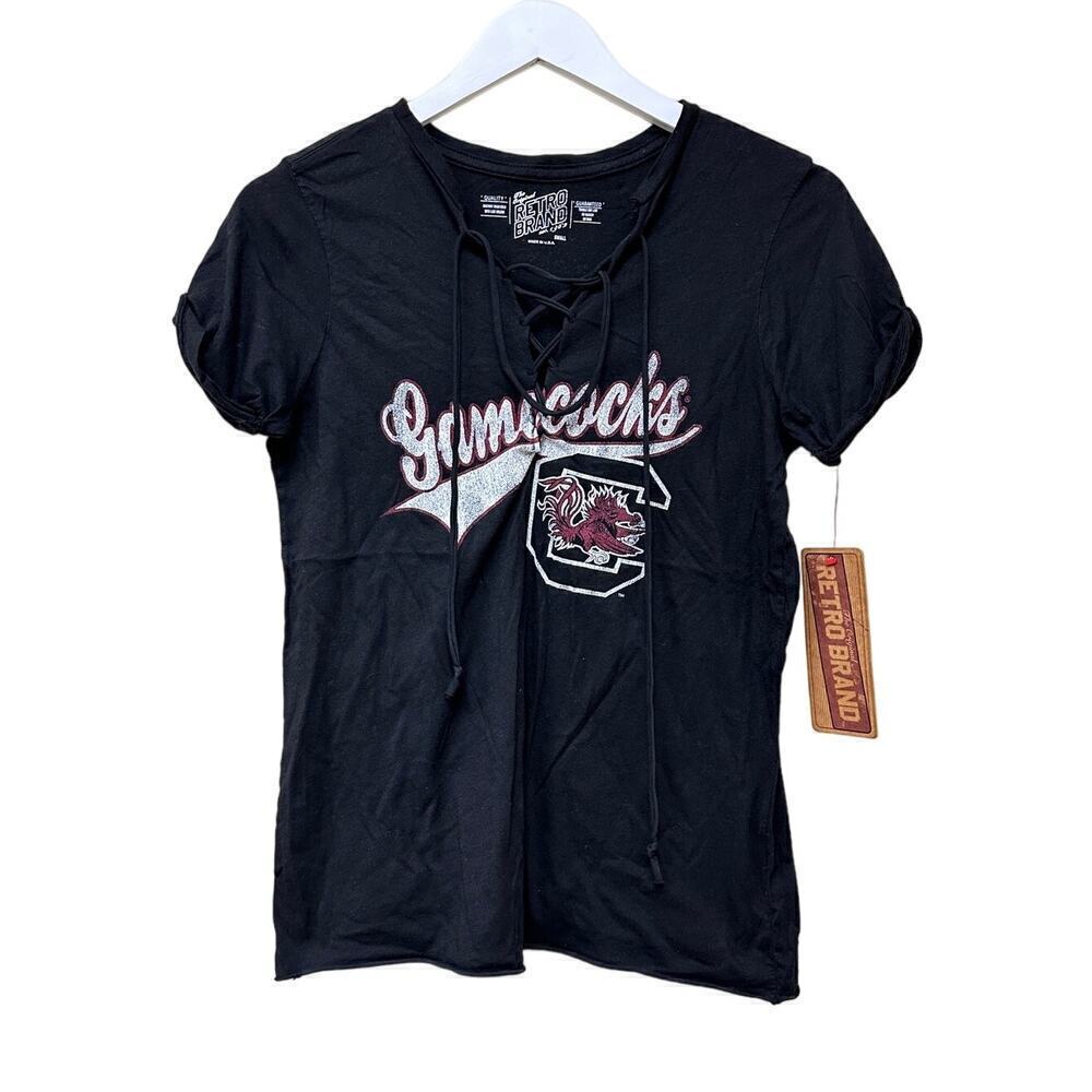 NWT Retro Brand Size Small South Carolina Gamecocks Lace Up V-Neck T-Shirt Black